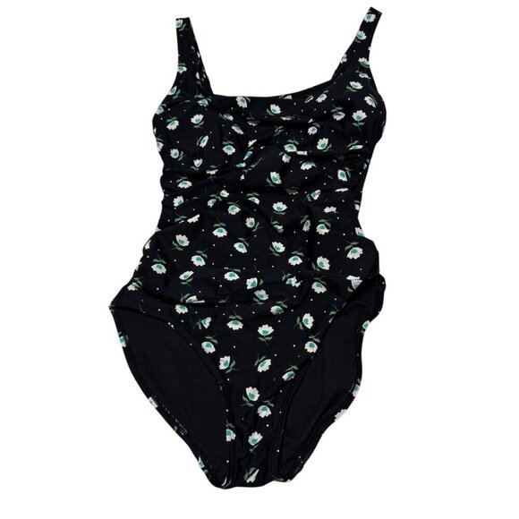 Anne Cole Black Floral One-Piece Swimsuit Adjustable Straps Ruched Detail Sz 10 - Picture 1 of 7